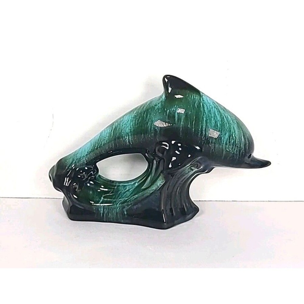 Blue Mountain Pottery Dolphin Figurine Green Drip Glaze Canadian Vintage Decor